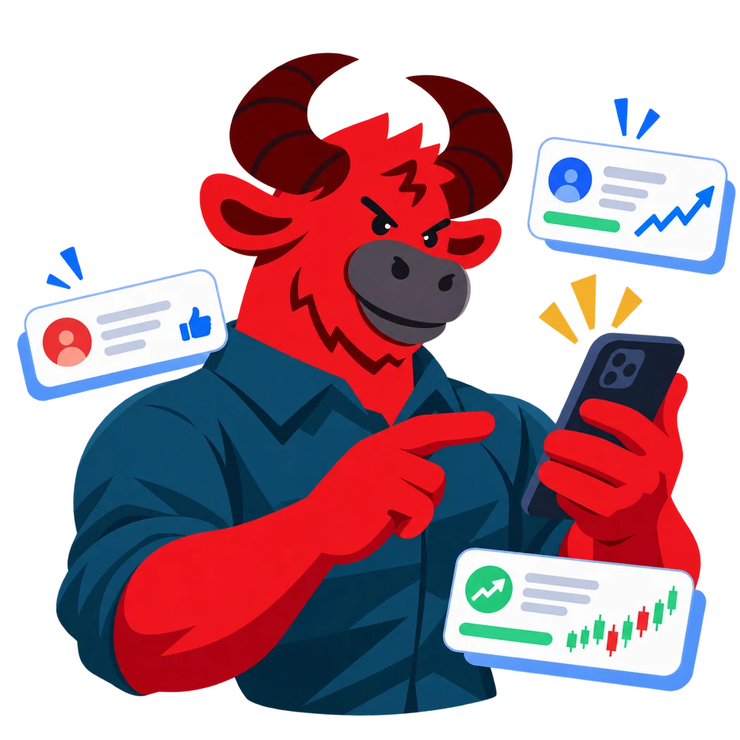 Maskot bull berinteraksi dengan update komunitas saham