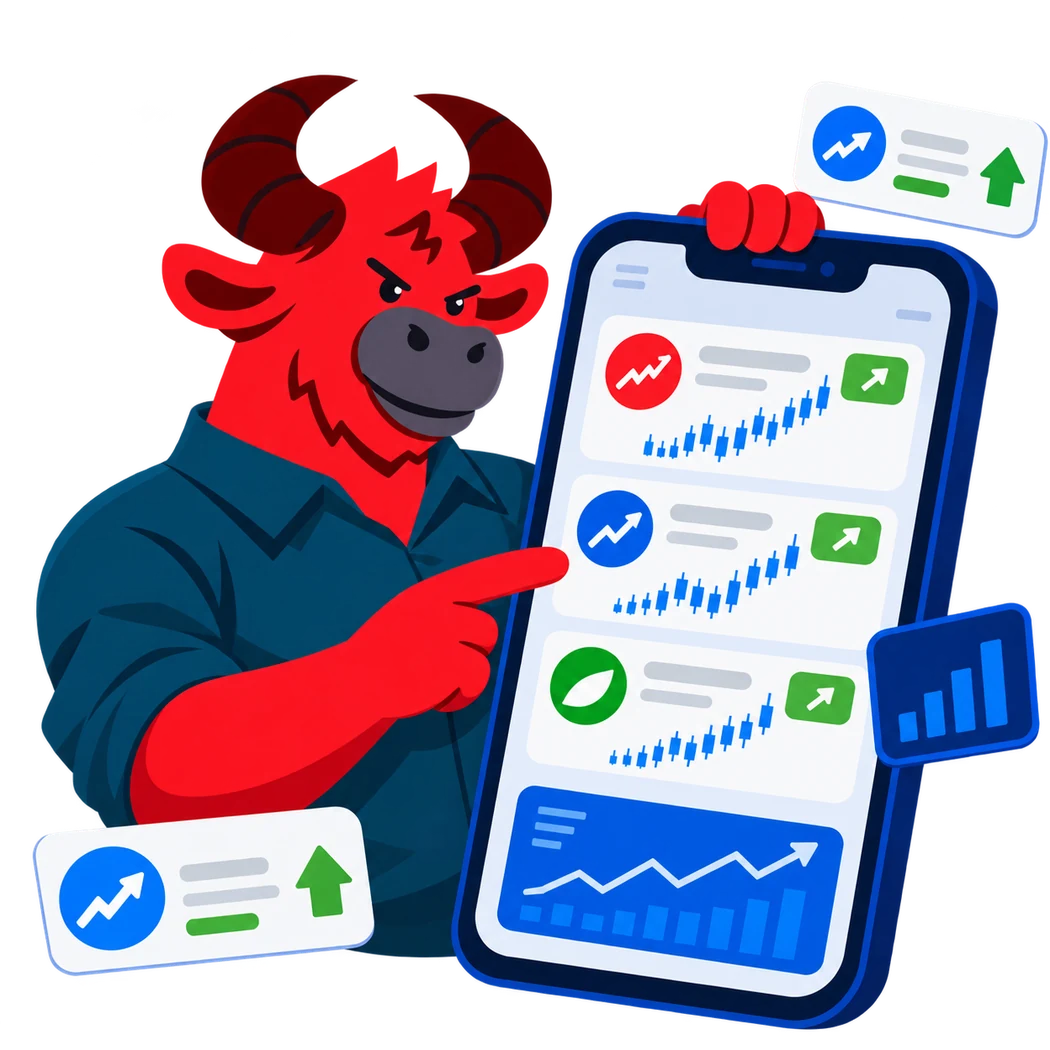 Maskot bull menunjukkan stockpick premium di smartphone